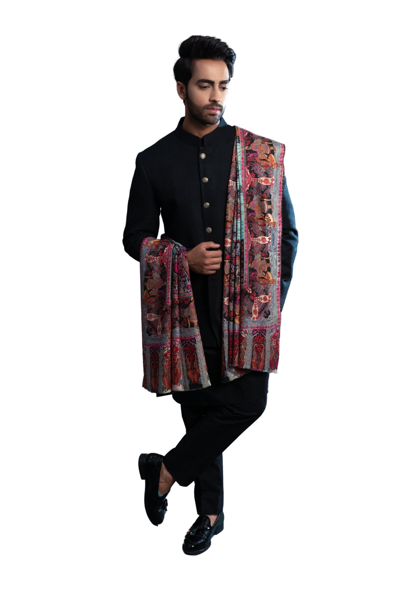Black Multicolor alamkari Men's Wool Silk Dusala, Men's Shawl – Kalamkari Dusala – View 5 | Taroob