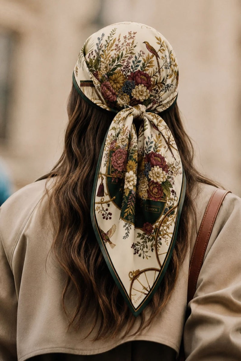 Taroob silk square worn as a headscarf